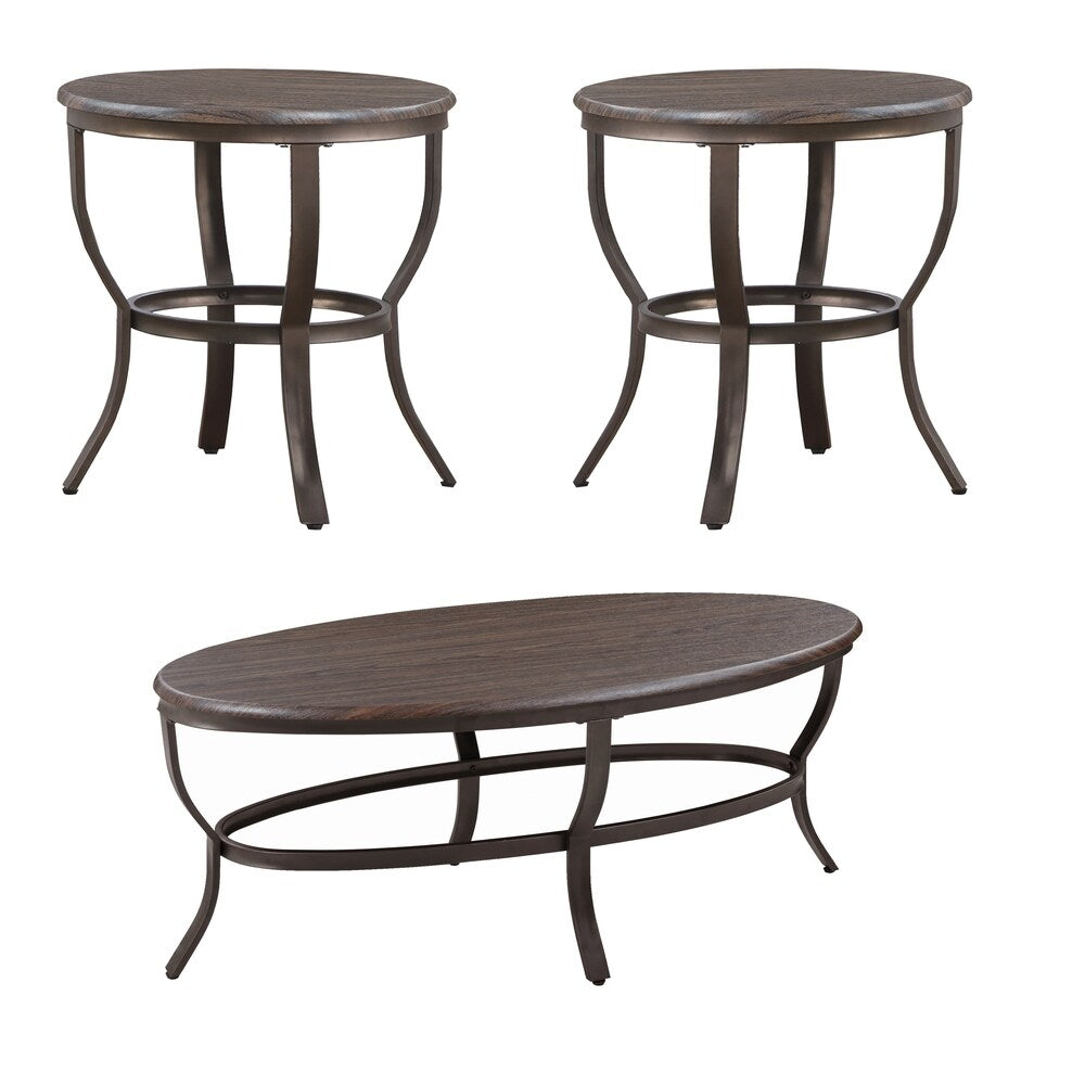 3 Piece Metal Oval Table Set with Sabre Legs and Wooden Top, Brown