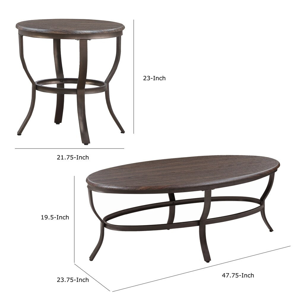3 Piece Metal Oval Table Set with Sabre Legs and Wooden Top, Brown