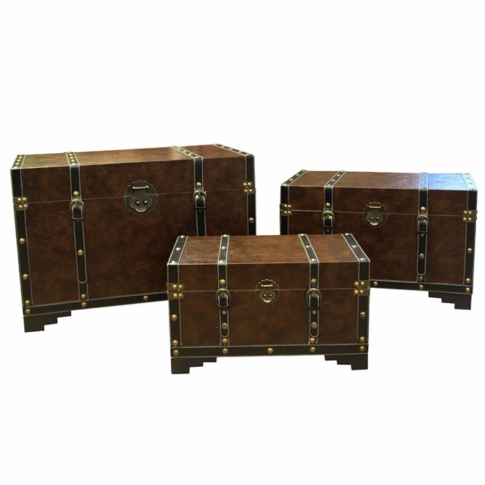 3 Piece Of Traditional Style Sturdy Wooden Trunk, Brown