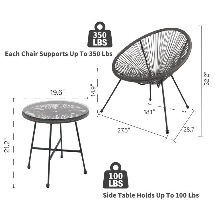3-Piece Outdoor Acapulco Chair Set,Oval Weave Chair with Steel Frame