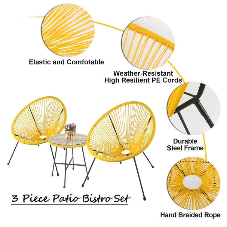 3-Piece Outdoor Acapulco Chair Set,Oval Weave Chair with Steel Frame