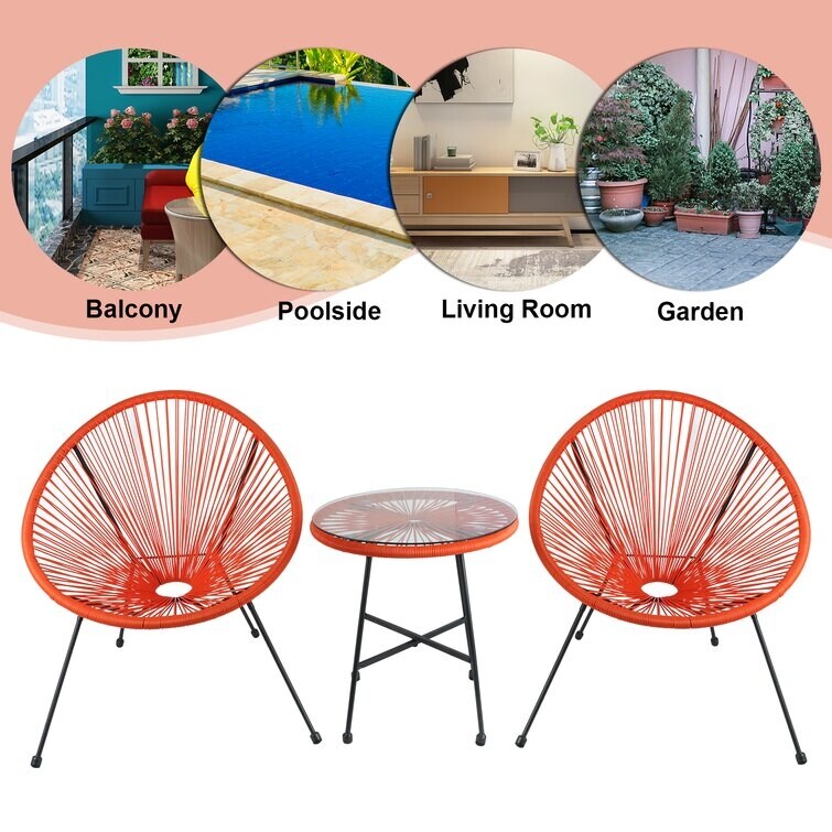 3-Piece Outdoor Acapulco Chair Set,Oval Weave Chair with Steel Frame