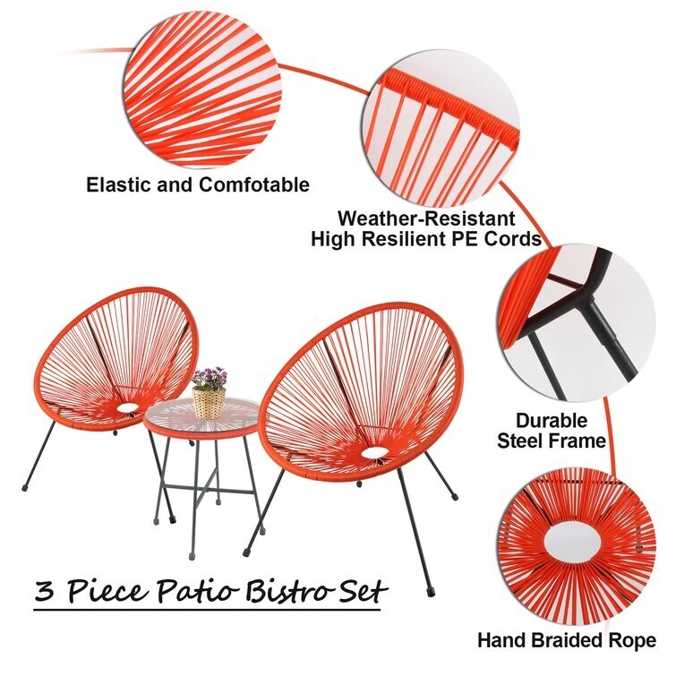 3-Piece Outdoor Acapulco Chair Set,Oval Weave Chair with Steel Frame