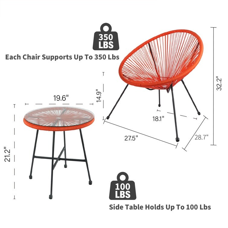 3-Piece Outdoor Acapulco Chair Set,Oval Weave Chair with Steel Frame