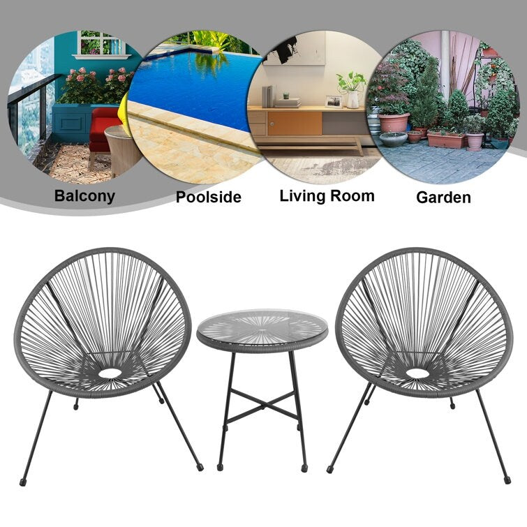 3-Piece Outdoor Acapulco Chair Set,Oval Weave Chair with Steel Frame