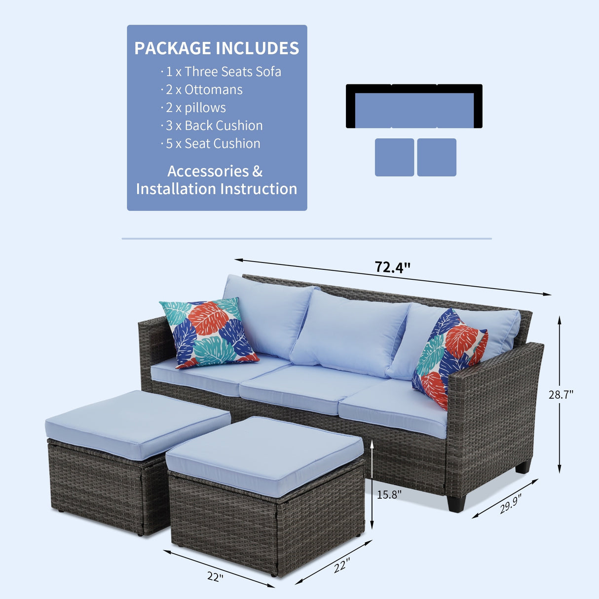3-Piece Outdoor Furniture Set All-Weather Wicker Patio Sofa with Cushions for Conversations