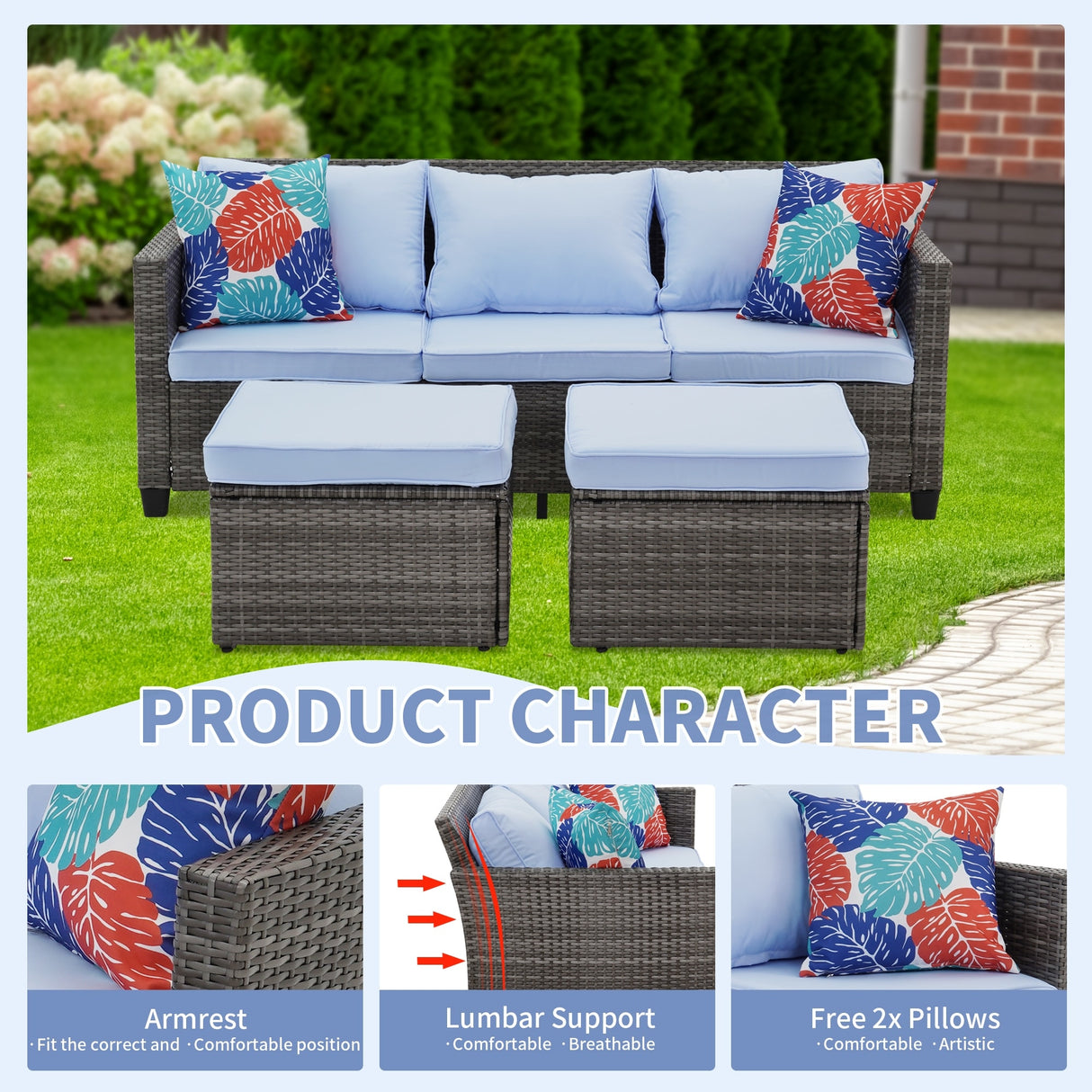 3-Piece Outdoor Furniture Set All-Weather Wicker Patio Sofa with Cushions for Conversations