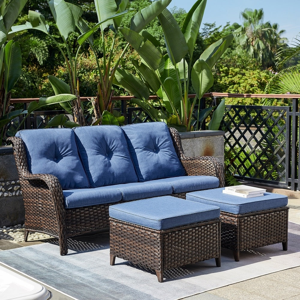 Gymojoy 3-Piece Outdoor Patio High-back Wicker Sectional Ottoman Set