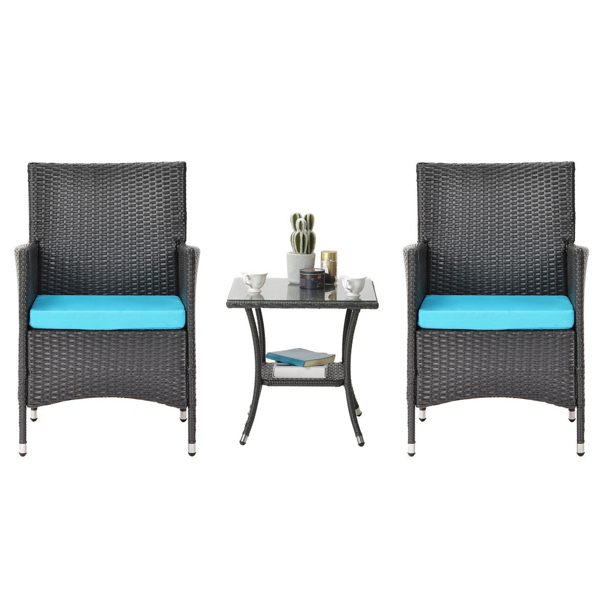 3-Piece Outdoor Rattan Conversation Set with Tempered Glass Table