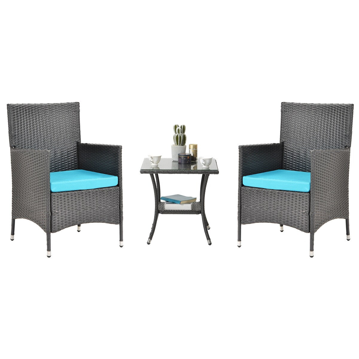 3-Piece Outdoor Rattan Conversation Set with Tempered Glass Table