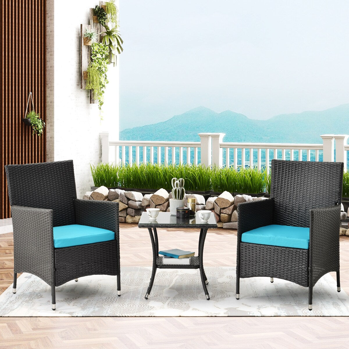 3-Piece Outdoor Rattan Conversation Set with Tempered Glass Table