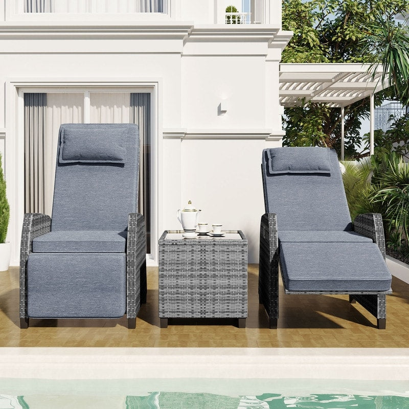 3 Piece Outdoor Rattan Two-person Recliner Chair set W/Coffee Table