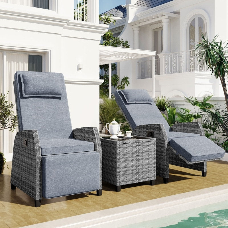 3 Piece Outdoor Rattan Two-person Recliner Chair set W/Coffee Table