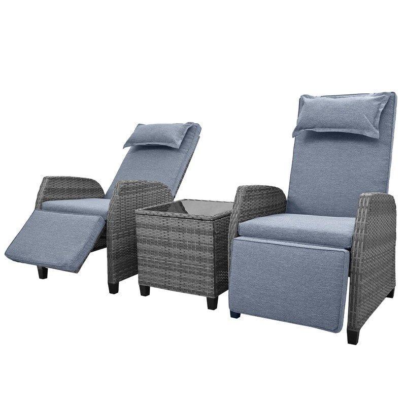 3 Piece Outdoor Rattan Two-person Recliner Chair set W/Coffee Table