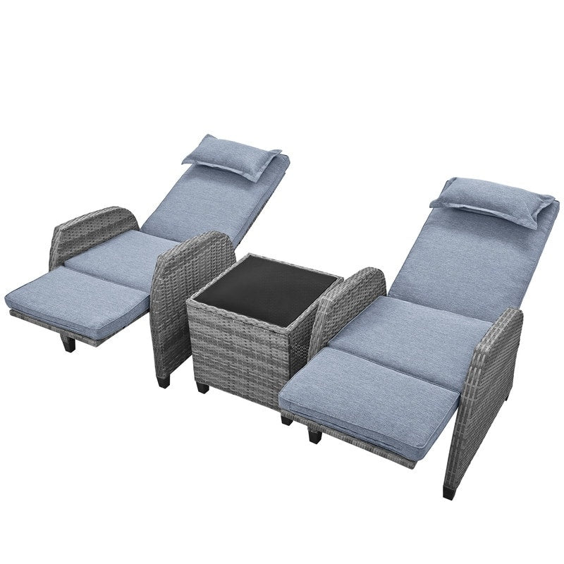 3 Piece Outdoor Rattan Two-person Recliner Chair set W/Coffee Table