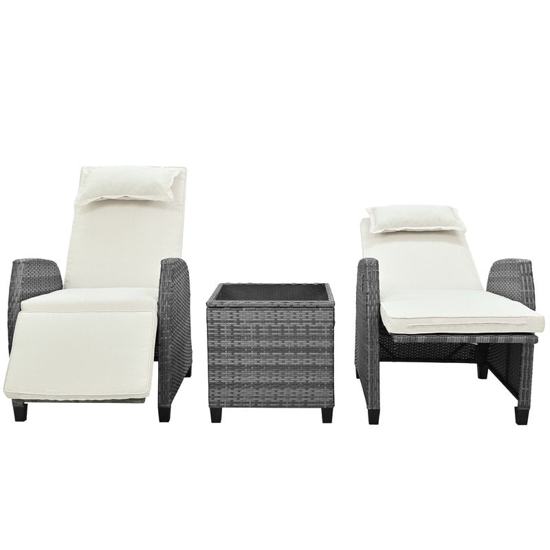 3 Piece Outdoor Rattan Two-person Recliner Chair set W/Coffee Table