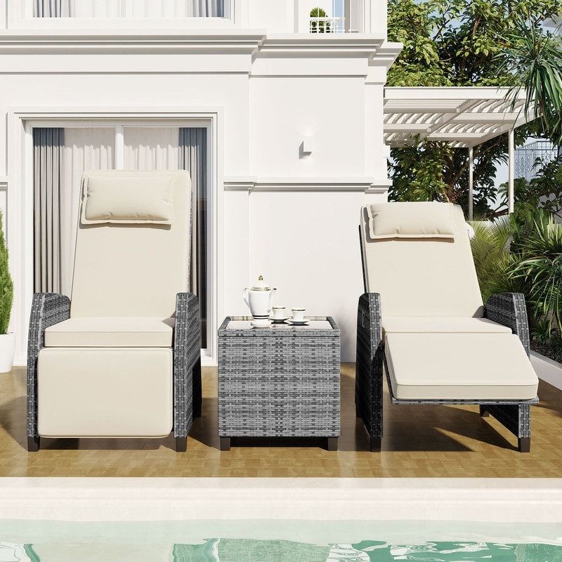3 Piece Outdoor Rattan Two-person Recliner Chair set W/Coffee Table