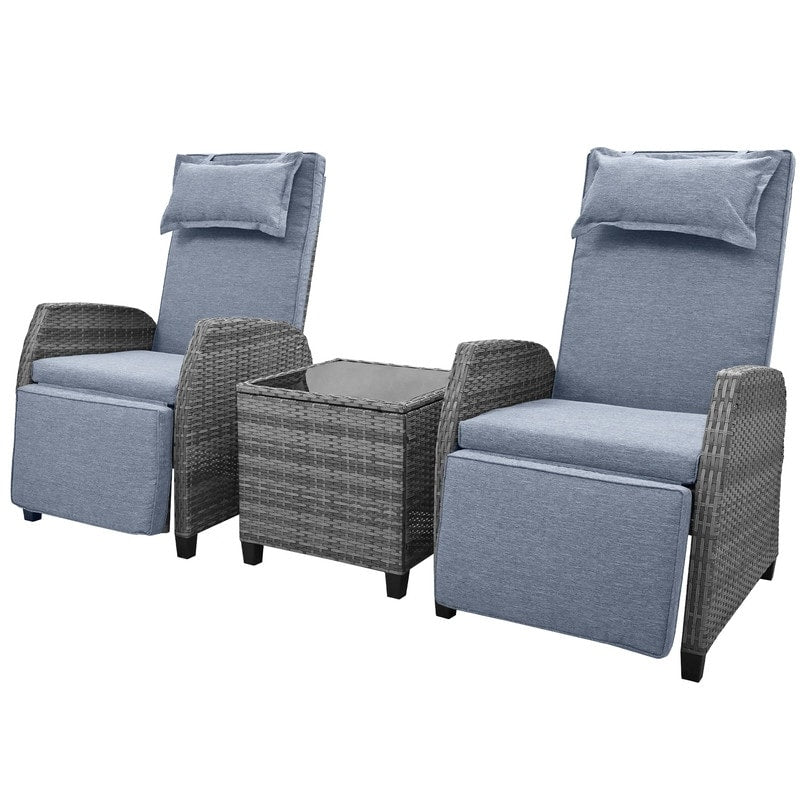 3 Piece Outdoor Rattan Two-person Recliner Chair set W/Coffee Table