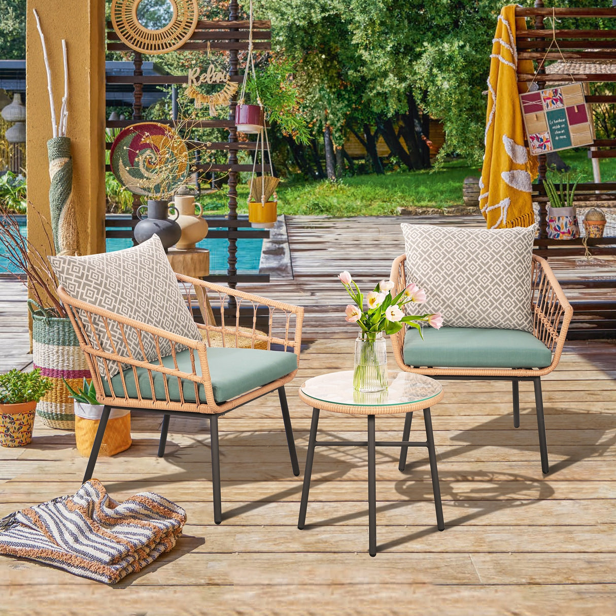 3-Piece Outdoor Wicker Bistro Set with Cushions