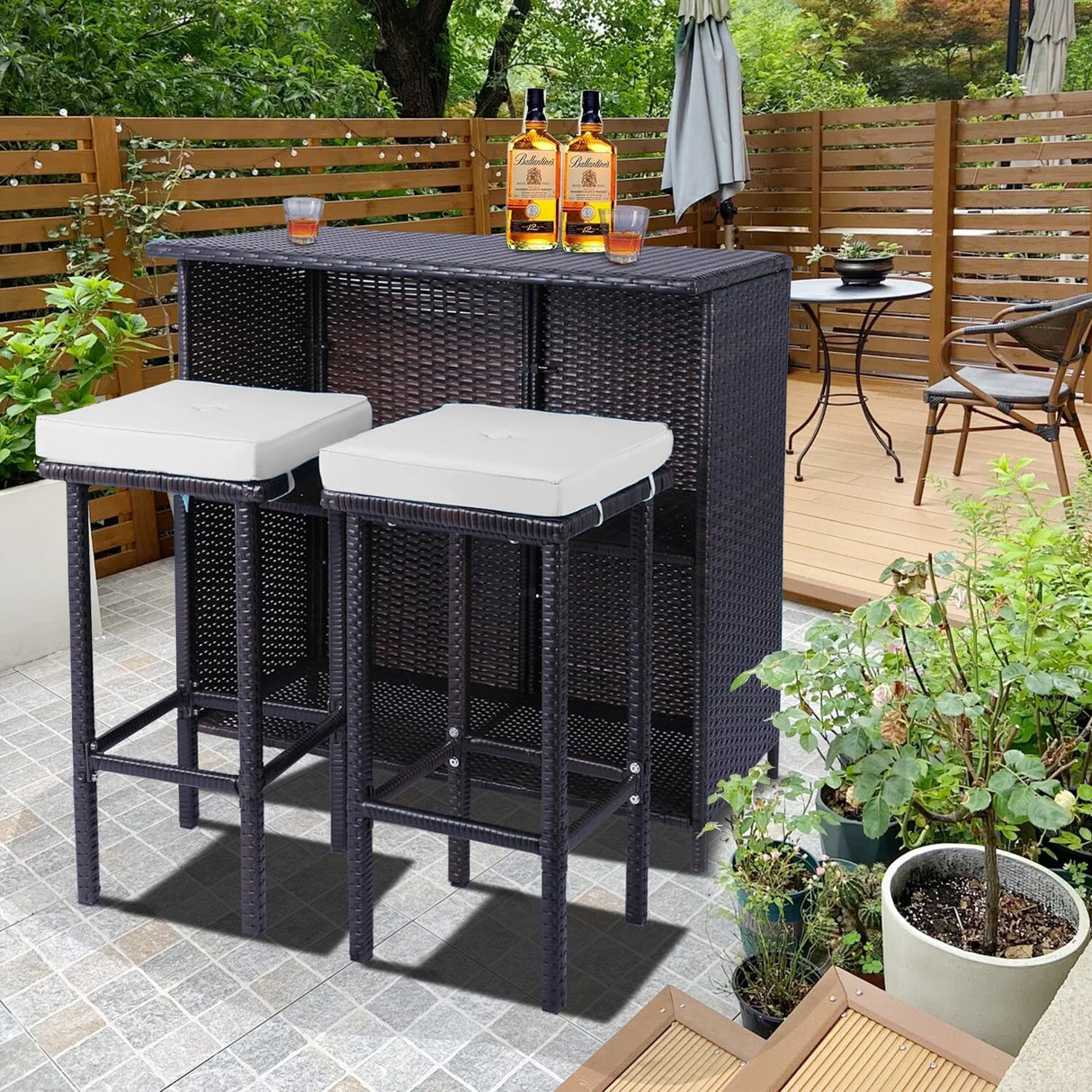 3 Piece Patio Bar Set, Outdoor Bar Table and Chairs Set for 2, Tiki Wicker Bar Table Set with Stools and Removable Cushions