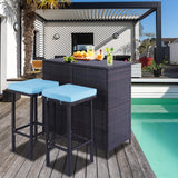 3 Piece Patio Bar Set, Outdoor Bar Table and Chairs Set for 2, Tiki Wicker Bar Table Set with Stools and Removable Cushions