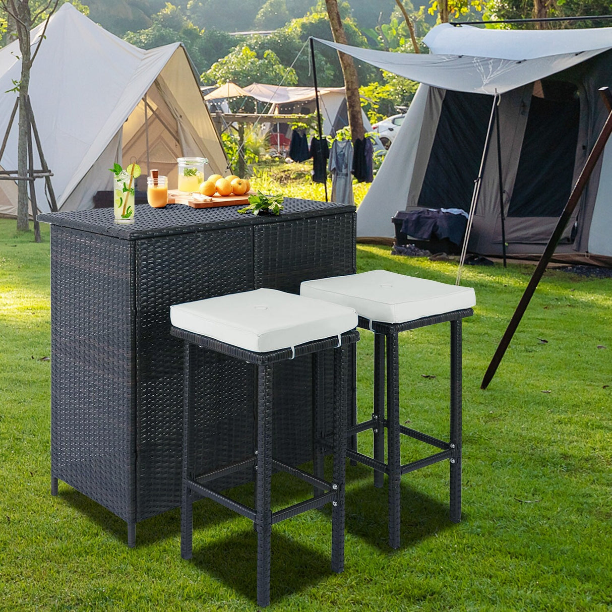 3 Piece Patio Bar Set, Outdoor Bar Table and Chairs Set for 2, Tiki Wicker Bar Table Set with Stools and Removable Cushions