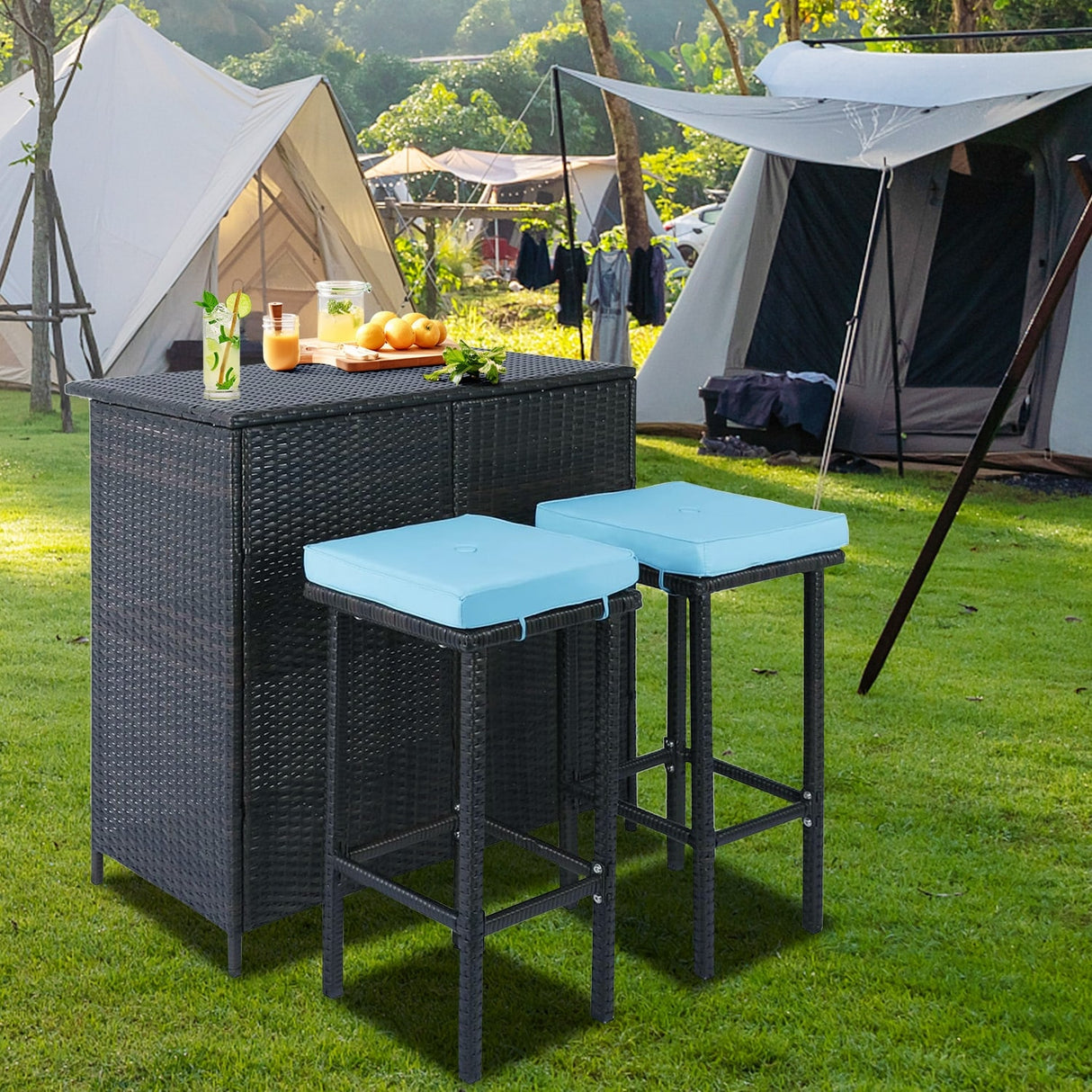 3 Piece Patio Bar Set, Outdoor Bar Table and Chairs Set for 2, Tiki Wicker Bar Table Set with Stools and Removable Cushions
