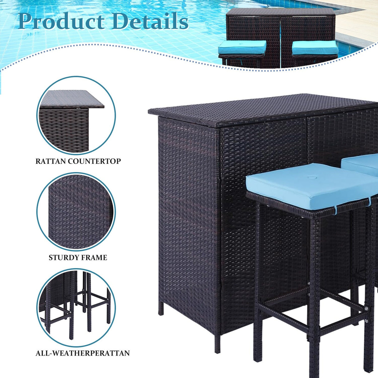 3 Piece Patio Bar Set, Outdoor Bar Table and Chairs Set for 2, Tiki Wicker Bar Table Set with Stools and Removable Cushions