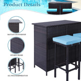 3 Piece Patio Bar Set, Outdoor Bar Table and Chairs Set for 2, Tiki Wicker Bar Table Set with Stools and Removable Cushions