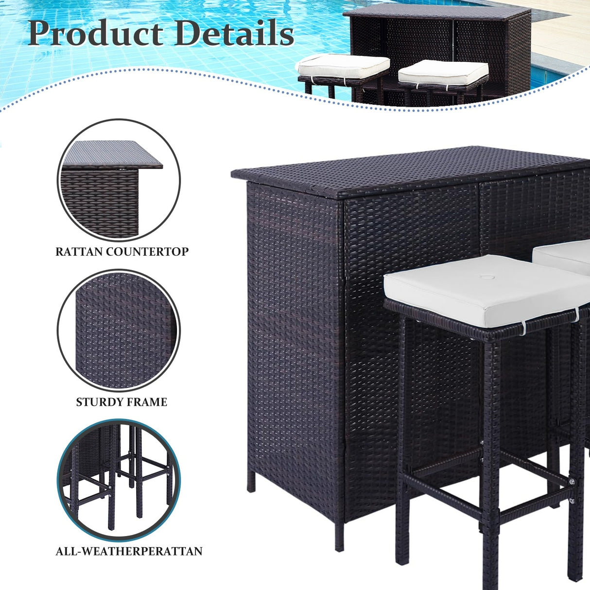 3 Piece Patio Bar Set, Outdoor Bar Table and Chairs Set for 2, Tiki Wicker Bar Table Set with Stools and Removable Cushions
