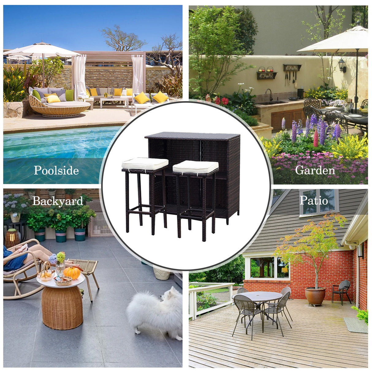 3 Piece Patio Bar Set, Outdoor Bar Table and Chairs Set for 2, Tiki Wicker Bar Table Set with Stools and Removable Cushions