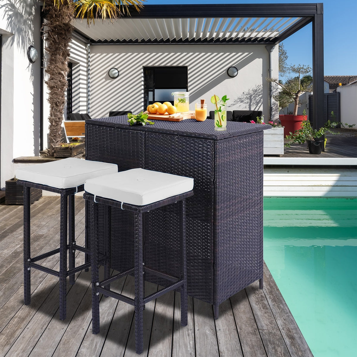 3 Piece Patio Bar Set, Outdoor Bar Table and Chairs Set for 2, Tiki Wi