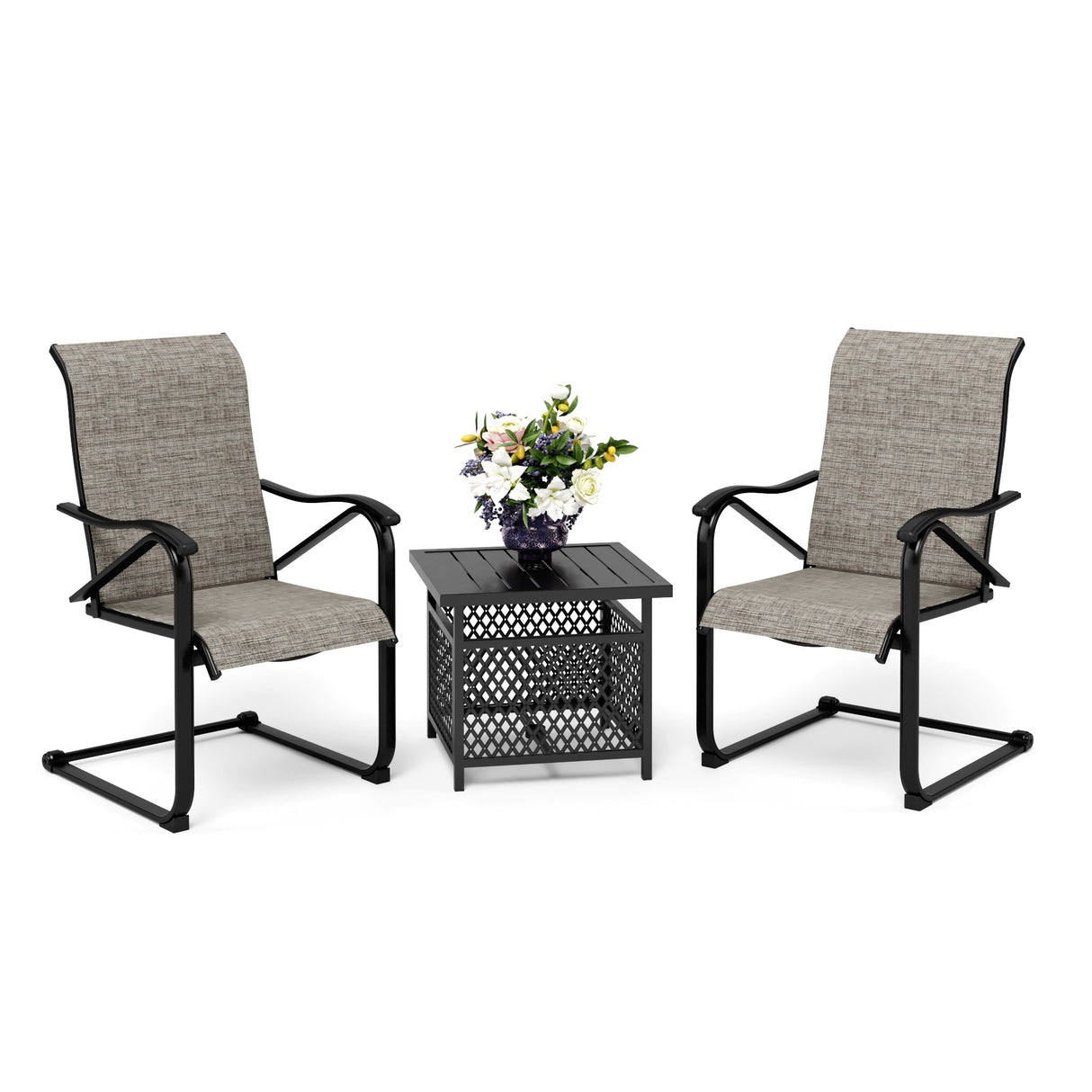 3-Piece Patio Dining Set, Side Metal Table & 2 C Spring Motion Chairs, Conversation Coffee Sets with Umbrella Hole