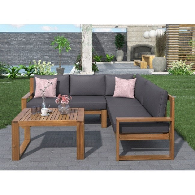 3-Piece Patio Sectional Set Acacia Wood and Grey Cushions Ideal for Outdoors and Indoors