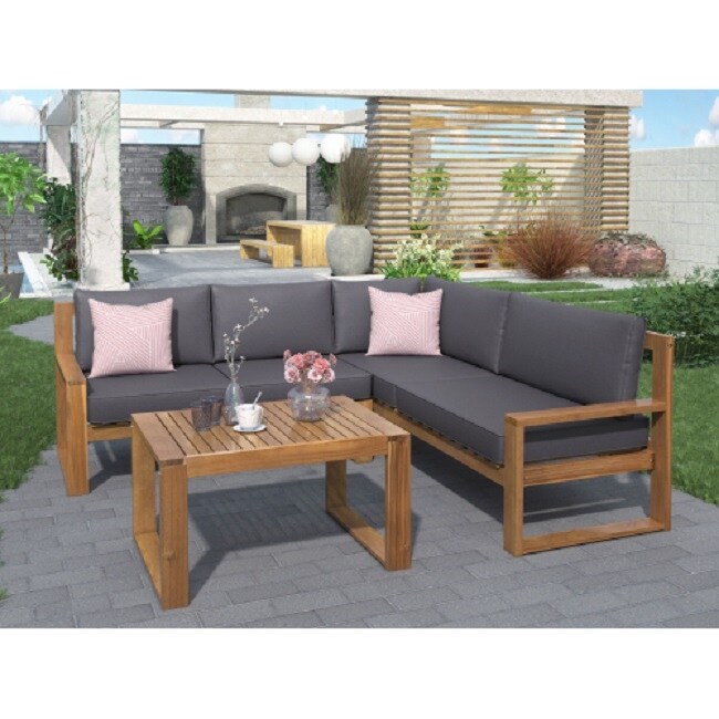 3-Piece Patio Sectional Set Acacia Wood and Grey Cushions Ideal for Outdoors and Indoors