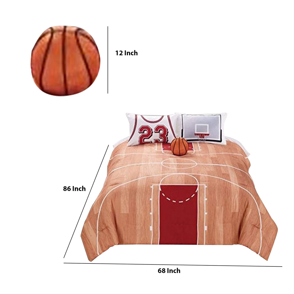3 Piece Polyester Twin Comforter Set with Basketball Court Print, Multicolor