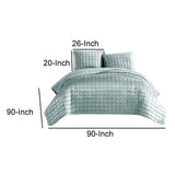 3 Piece Queen Size Coverlet Set with Stitched Square Pattern, Sea Green