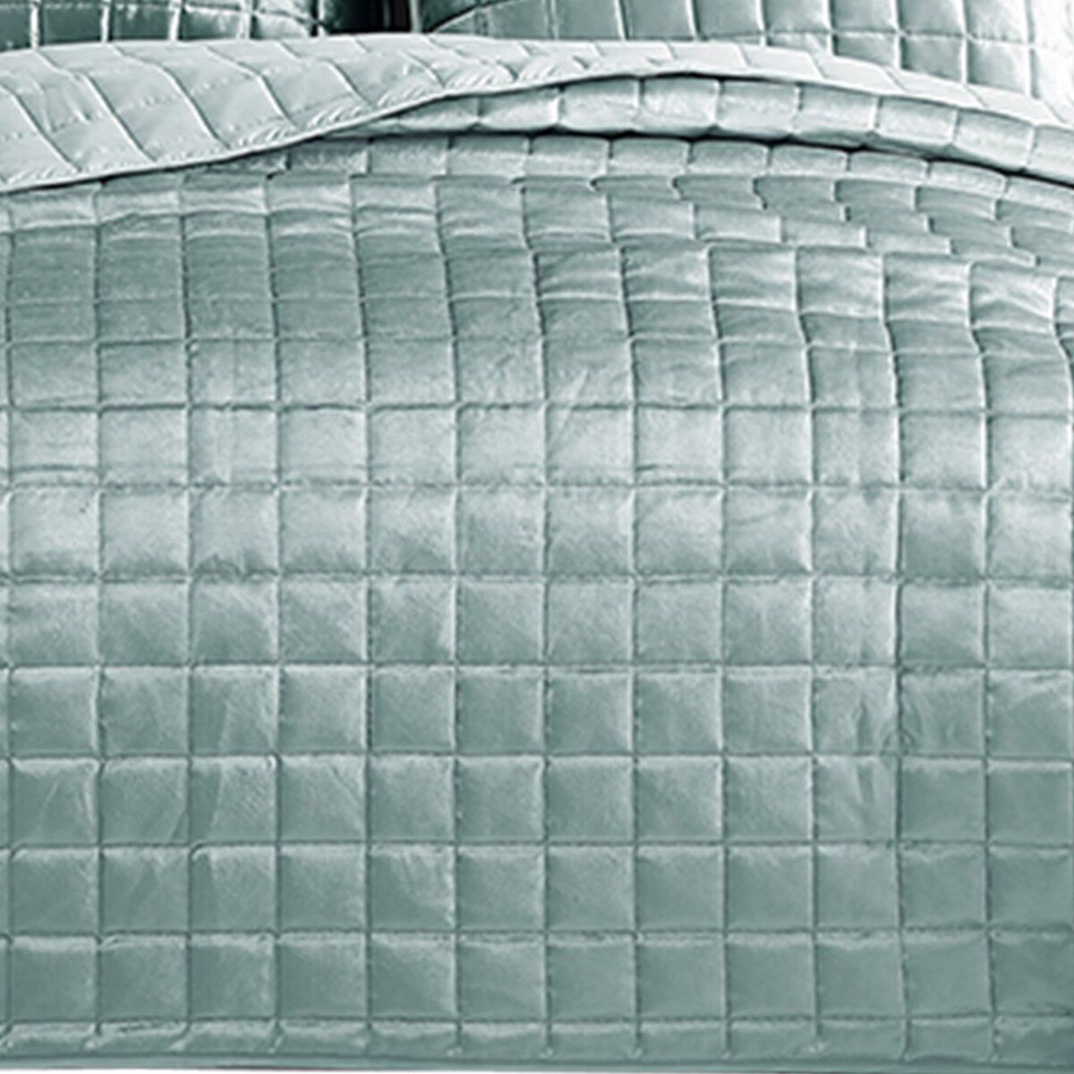 3 Piece Queen Size Coverlet Set with Stitched Square Pattern, Sea Green
