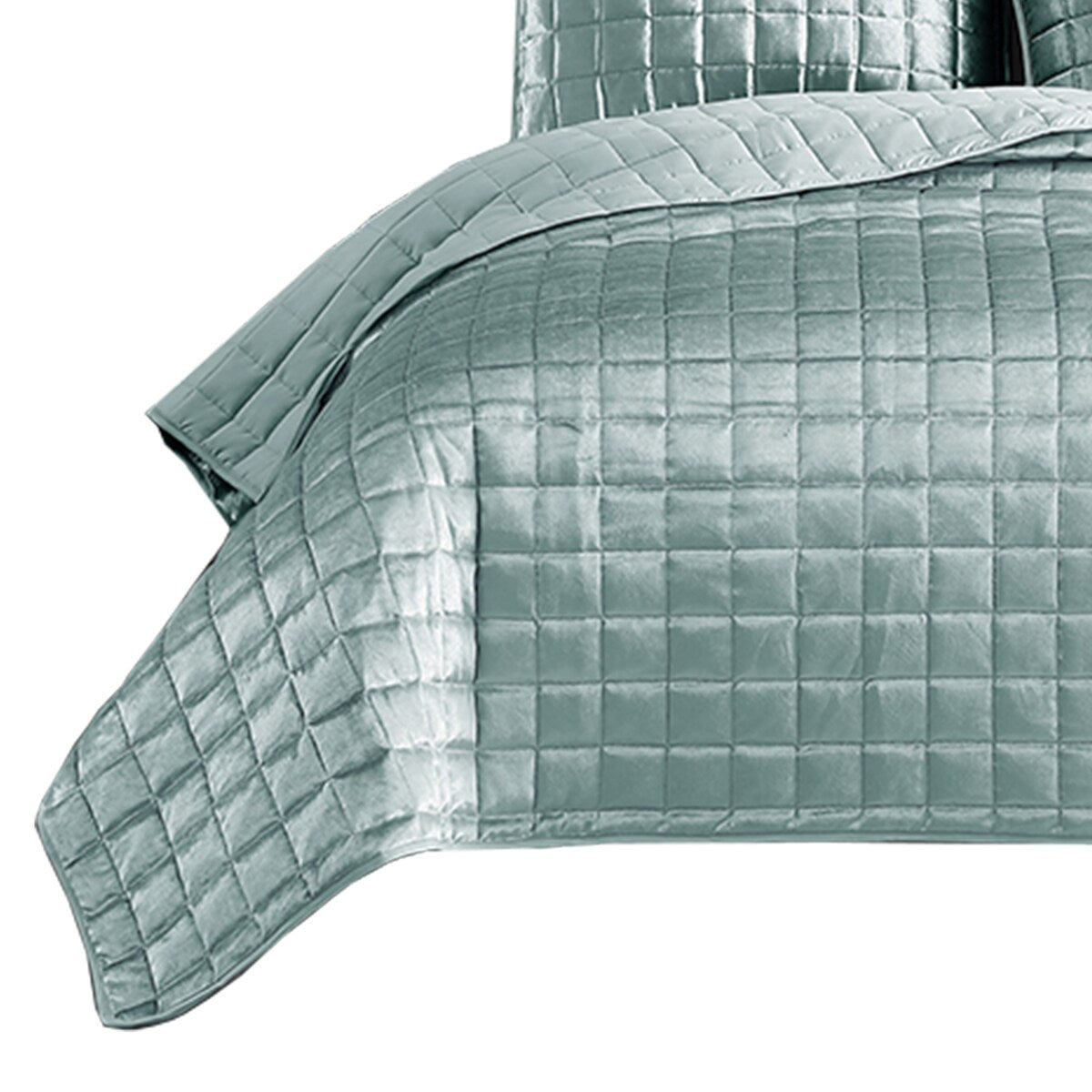 3 Piece Queen Size Coverlet Set with Stitched Square Pattern, Sea Green