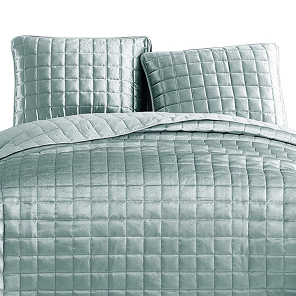 3 Piece Queen Size Coverlet Set with Stitched Square Pattern, Sea Green