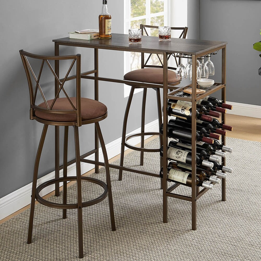 3-Piece Retro Dining Table Furniture Set, Bar Table and Chairs, Storage