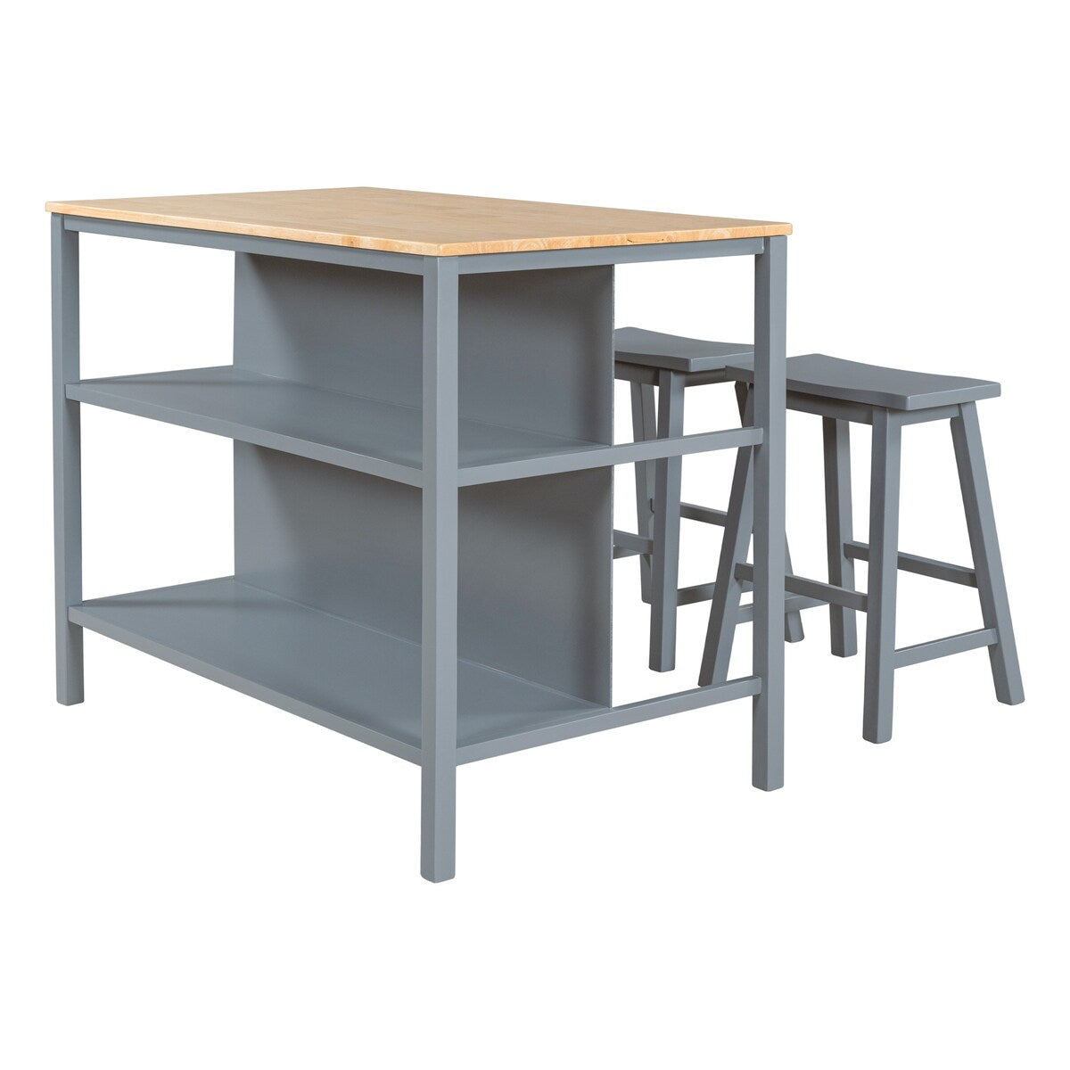 3-Piece Rustic Solid Wood Dining Sets, 45" Stationary Kitchen Island with Open Storage Shelves and 2 Stools