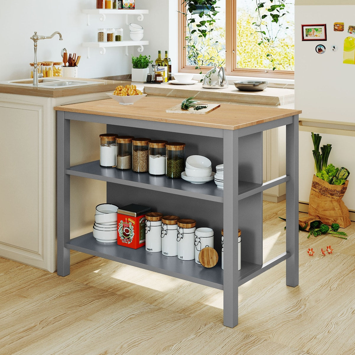 3-Piece Rustic Solid Wood Dining Sets, 45" Stationary Kitchen Island with Open Storage Shelves and 2 Stools