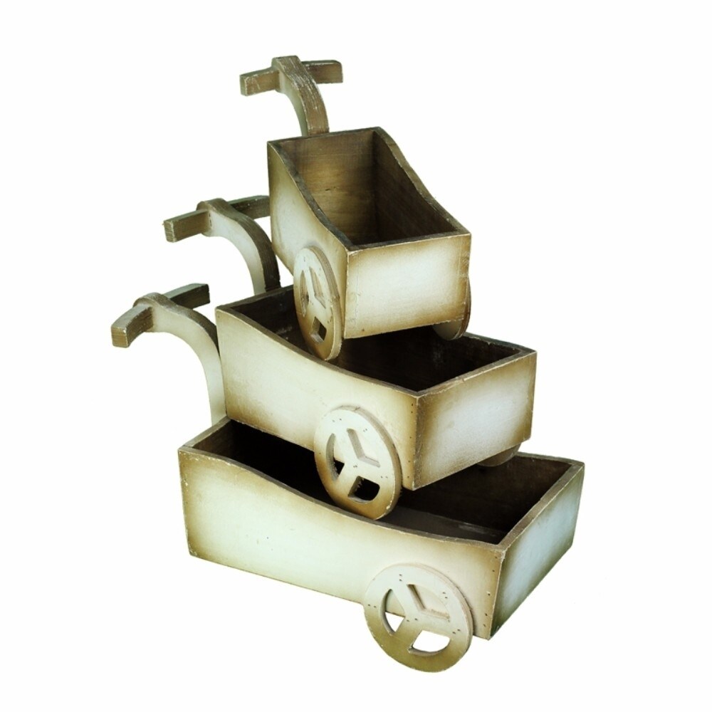 3 Piece Rustically Charmed Wooden Planter, Brown And White