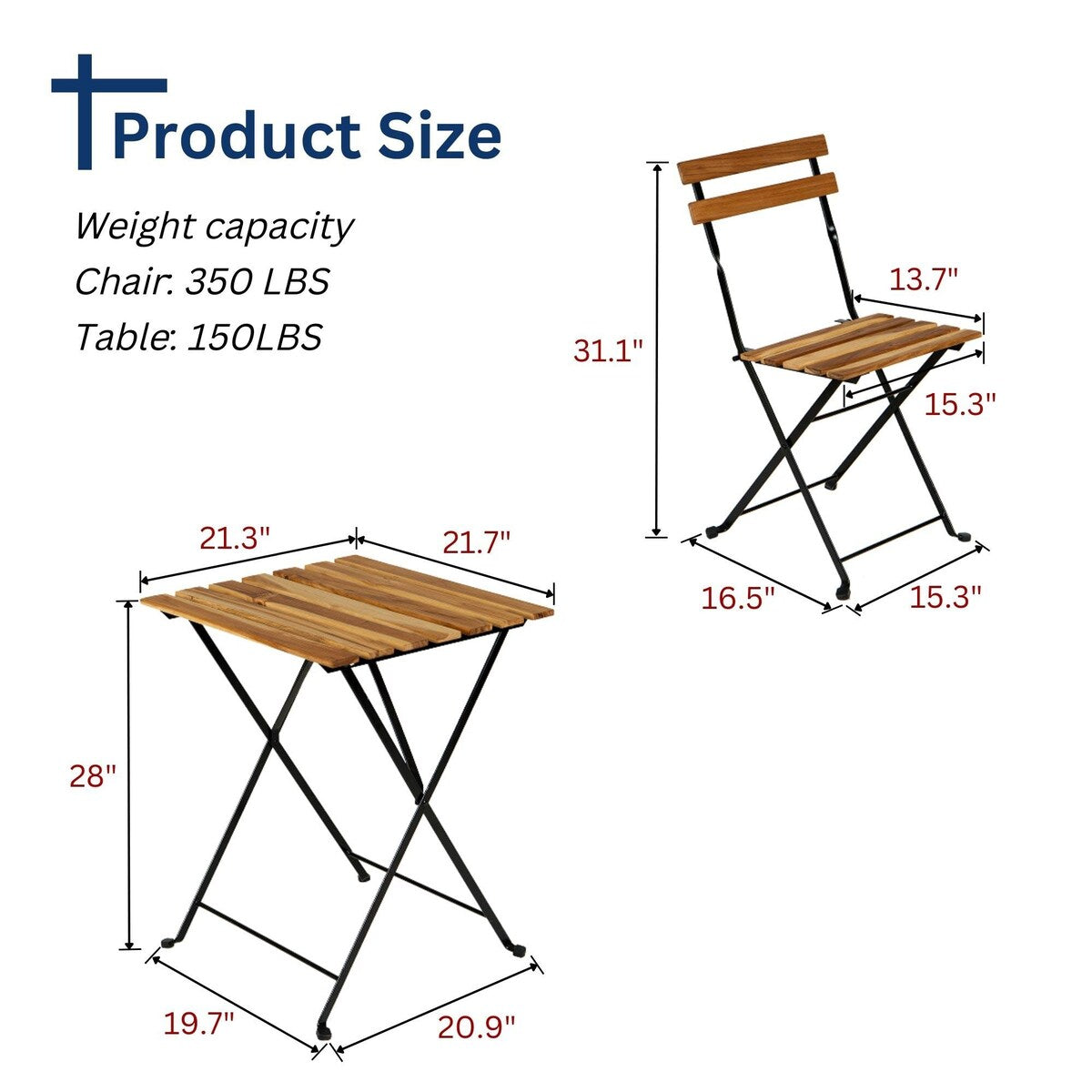 3-Piece Teak Wood Patio Bistro Set,Includes 1 Folding Table and 2 Folding Chairs with 2 Cushions