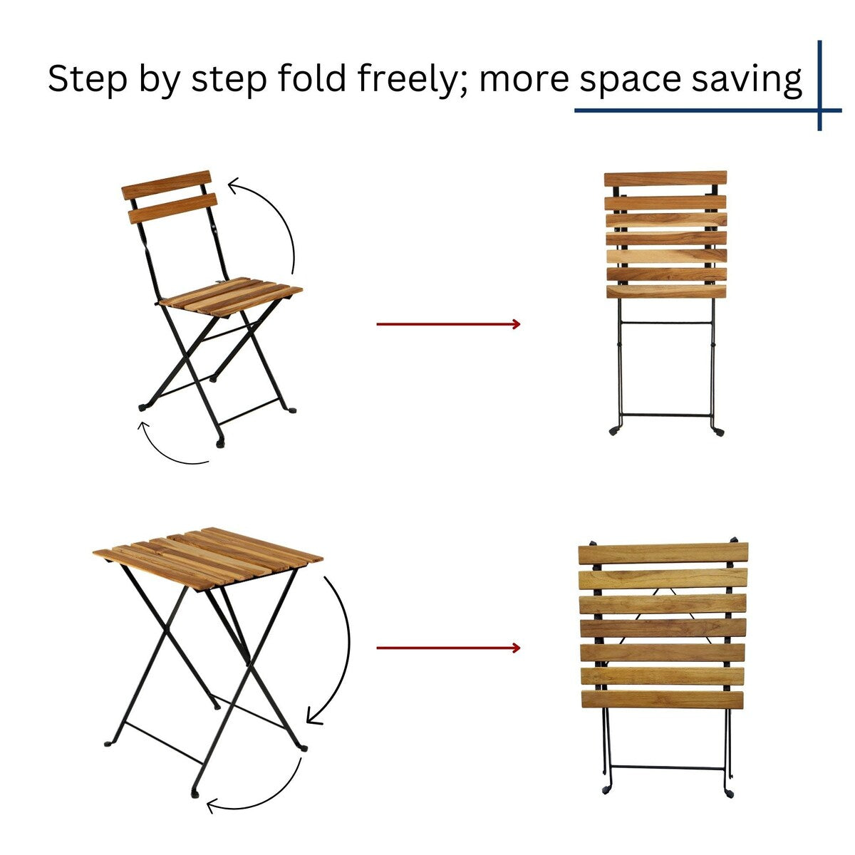 3-Piece Teak Wood Patio Bistro Set,Includes 1 Folding Table and 2 Folding Chairs with 2 Cushions
