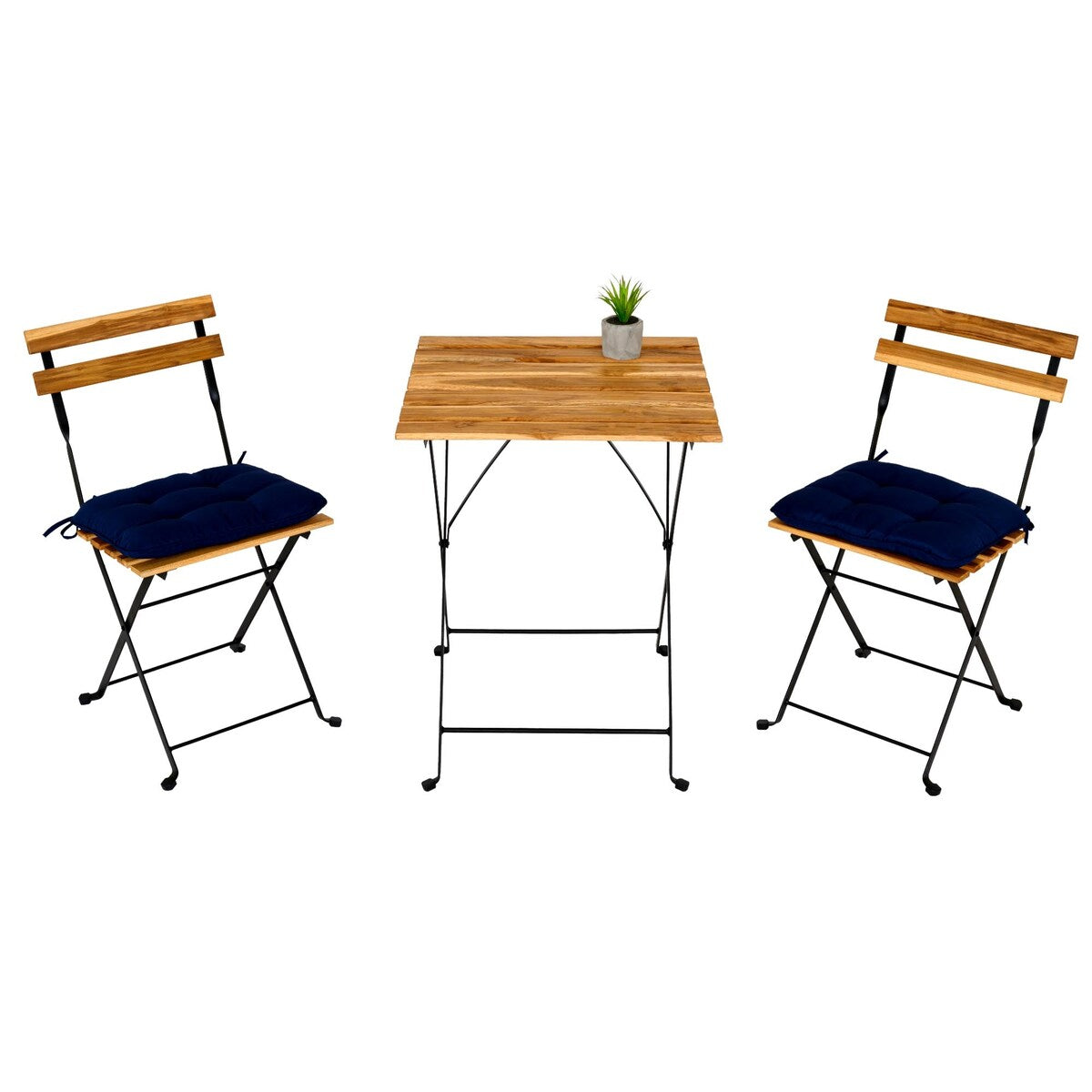 3-Piece Teak Wood Patio Bistro Set,Includes 1 Folding Table and 2 Folding Chairs with 2 Cushions