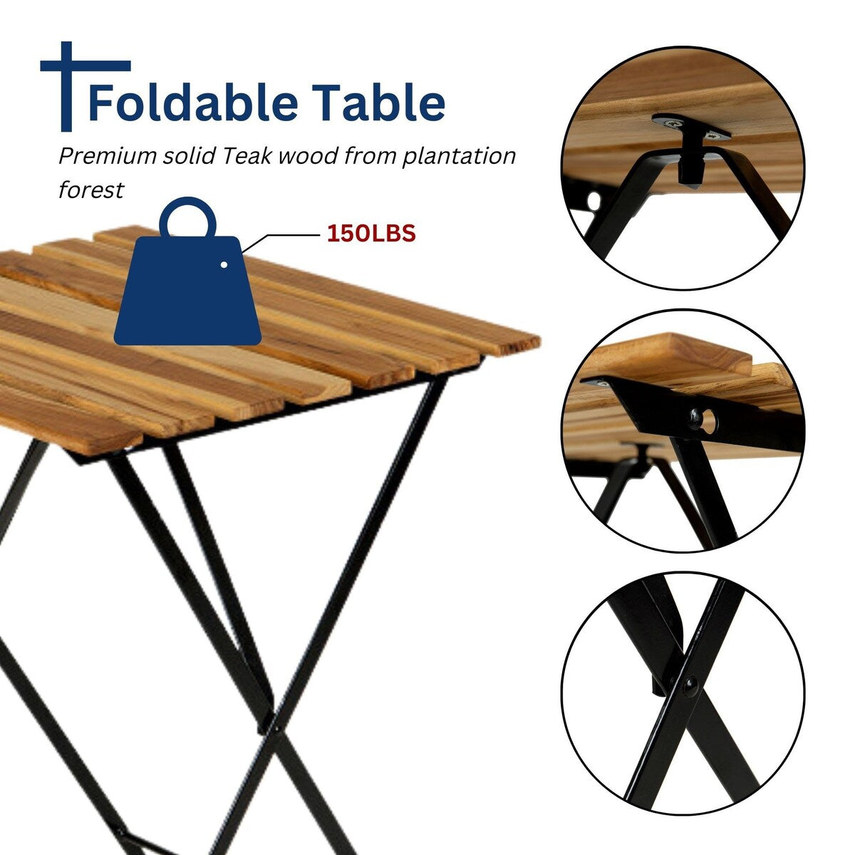 3-Piece Teak Wood Patio Bistro Set,Includes 1 Folding Table and 2 Folding Chairs with 2 Cushions