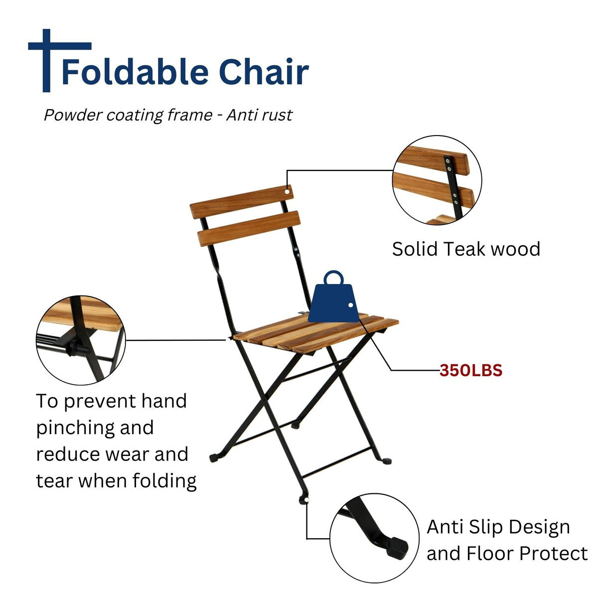 3-Piece Teak Wood Patio Bistro Set,Includes 1 Folding Table and 2 Folding Chairs with 2 Cushions