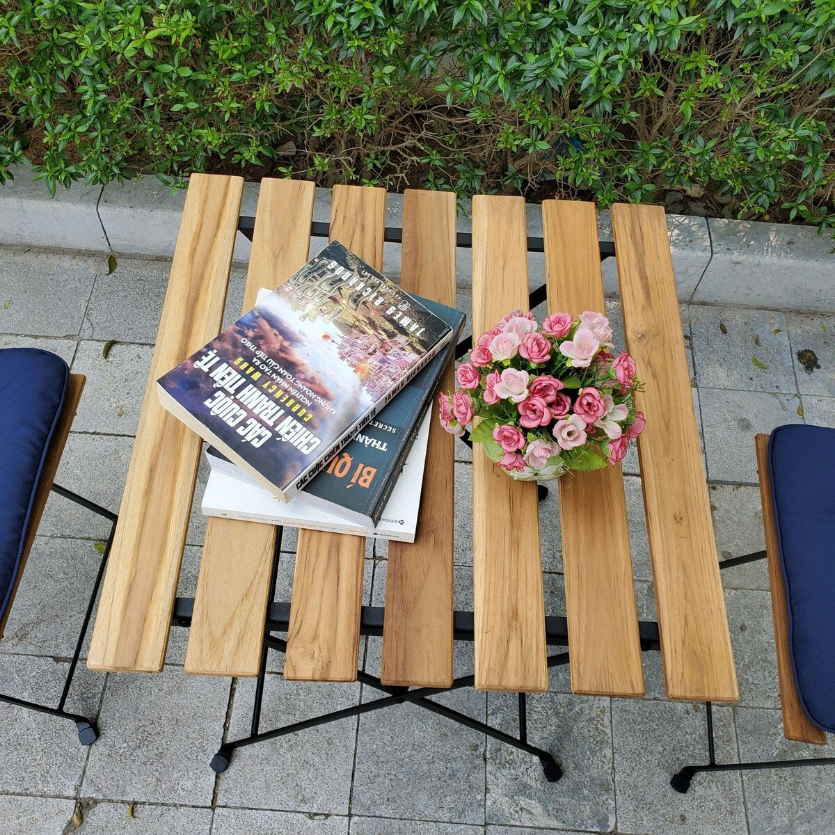 3-Piece Teak Wood Patio Bistro Set,Includes 1 Folding Table and 2 Folding Chairs with 2 Cushions